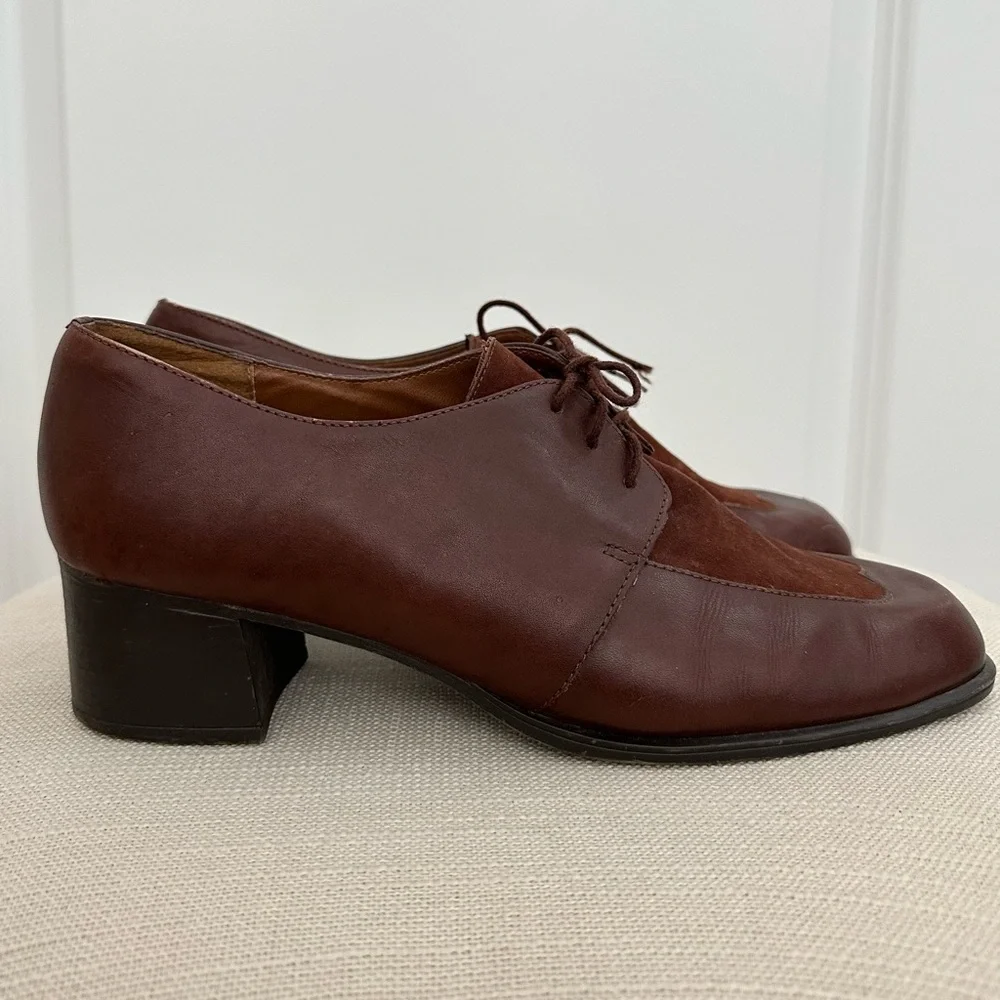Vintage Brown Suede Leather Heeled Loafer Shoes- Preppy Collegiate Fall Office